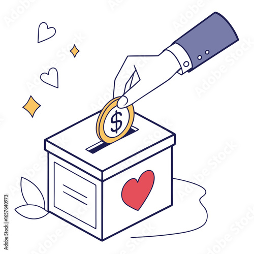 Hand depositing golden dollar coin into donation box with heart charity giving
