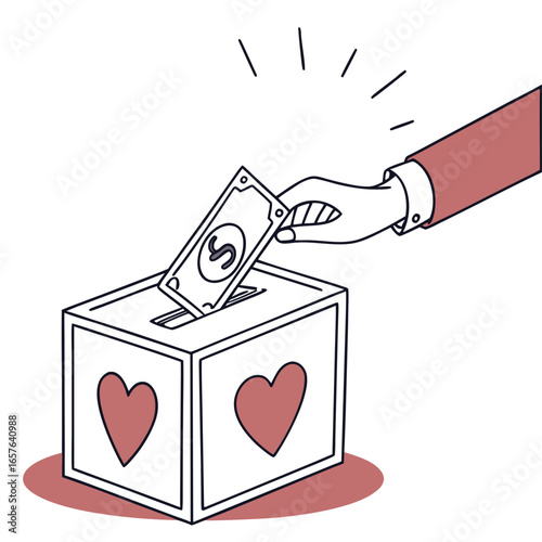 Hand donating money into heart box donation