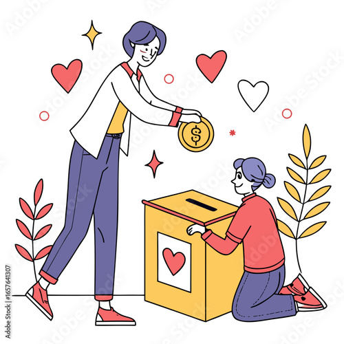 People donating coin to charity box with hearts and leaves donation giving