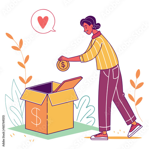 Person donating coin to charity box with heart symbol donation support