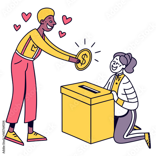 Person giving coin to donation box with hearts charity money
