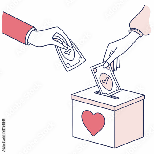 Hands donating money into a heart decorated box donation giving