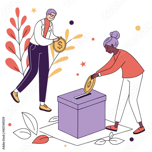 People donating coins into a purple box with decorative elements donation giving