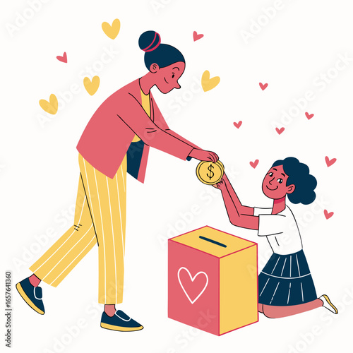 Woman donating coin to girl at donation box with hearts charity giving