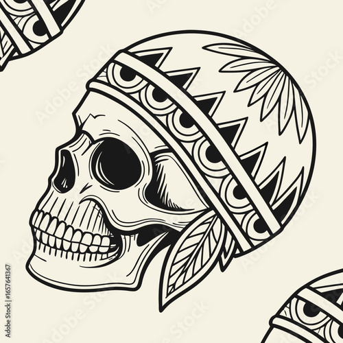 Stylized skull with tribal headband and feathers in black and white