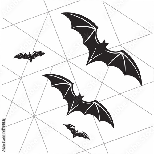 Four black silhouette bats flying against a white background with a geometric grey line pattern