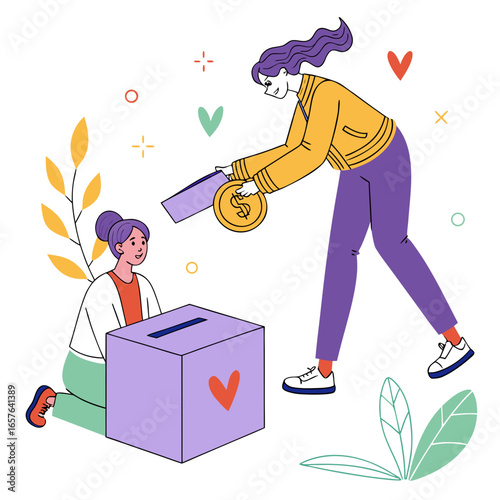 People donating coin to donation box with hearts and plants giving charity