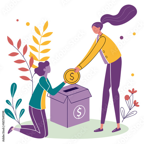 People donating coin to donation box with plants giving charity