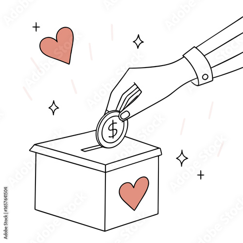 Hand donating coin to box with heart symbols donation money