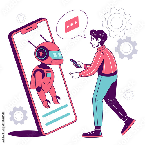 Man interacting with pink robot on smartphone screen ai chatbot communication