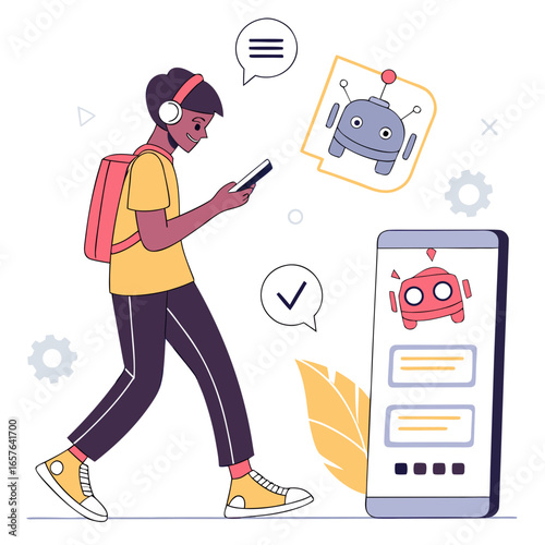Young man with headphones using smartphone interacting with robots vector