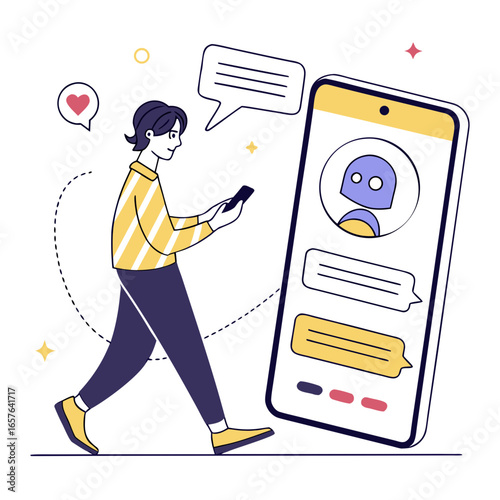 Person interacting with chatbot on phone communication technology