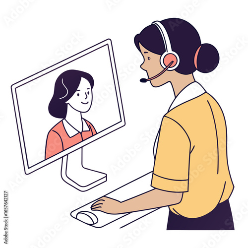 Woman with headset talking to person on computer screen conversation