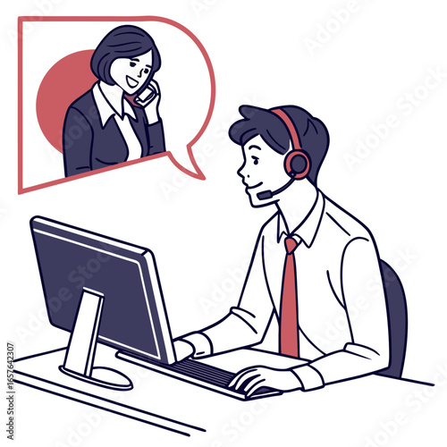 Man wearing headset talking to woman on phone business communication