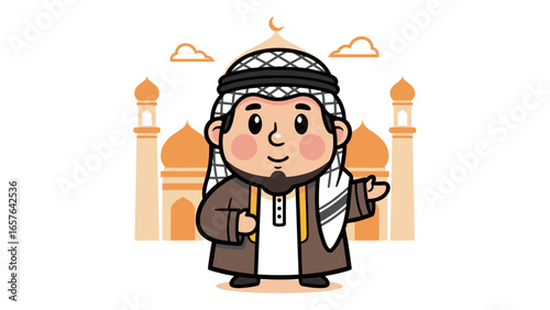 Cute Arabian man cartoon character in traditional clothes with a mosque vector illustration