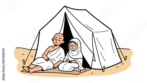 Pilgrims seeking spiritual solace resting in a simple tent at mina under the desert sun during hajj
