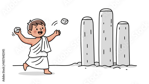 A young Muslim boy performing the Jamarat ritual, stoning pillars during the Hajj pilgrimage