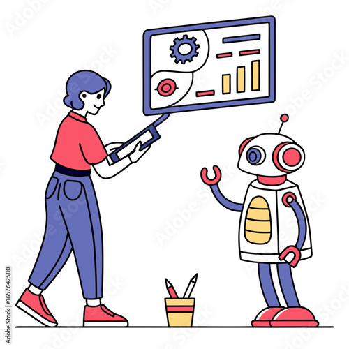 Person presenting data chart to robot assistant presentation