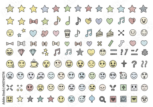 Collection of Pastel-Colored Hand-Drawn Emojis, Stars, Hearts, and Musical Notes