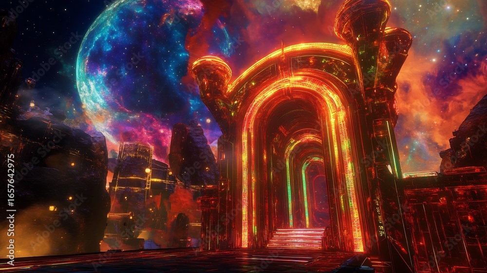 Obraz premium Futuristic 5D temple with holographic walls and pulsing neon patterns set in a celestial realm The temples radiant architecture shimmers against a backdrop of galaxies and stars