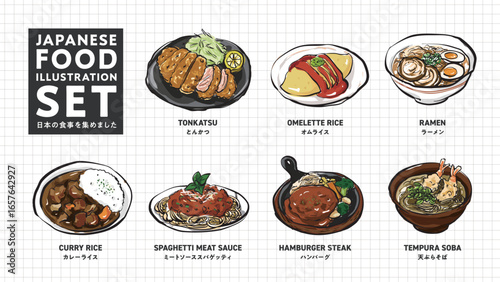 手書き筆書きの日本食（とんかつ、オムライス、ラーメン、カレーライス、スパゲッティ、ハンバーグ、天ぷらそば）の透過イラスト