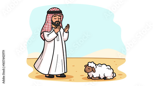 Arab Man Praying with Lamb in Desert Landscape