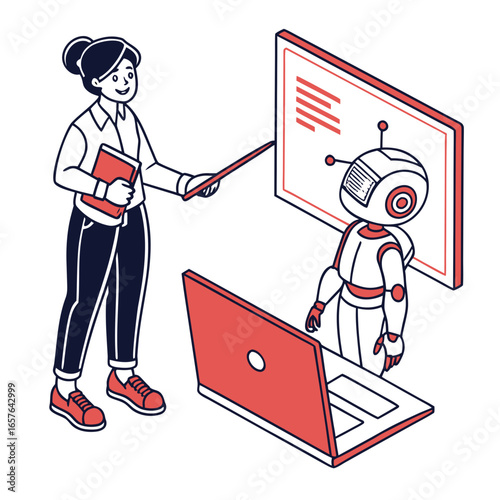 Woman teaching robot with laptop and presentation teacher
