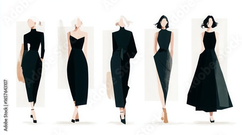 handdrawn fashion pencil illustrations featuring minimalist modern dress designs on a white background, perfect as a background for fashion themes, 16:9