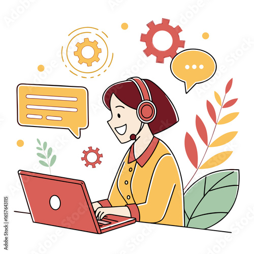 Smiling woman with headphones working on laptop communication