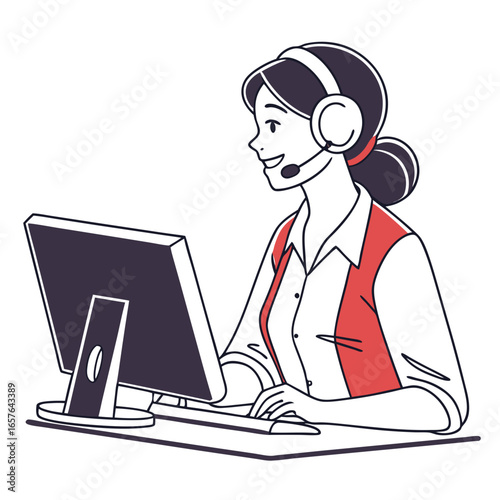 Woman with headset working on computer customer service operator