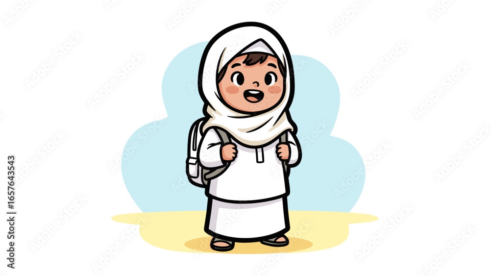 Naklejka premium Cute Muslim girl in hijab and white dress carrying a backpack, ready for school or travel