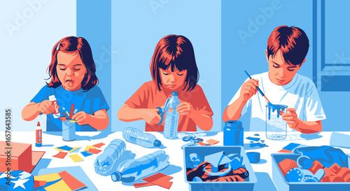 Three young children creatively upcycling plastic bottles and cans in an arts and crafts activity.