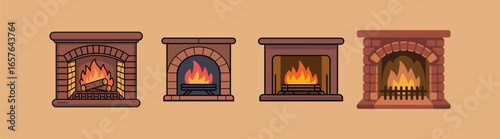 Vector art of collection of four different fireplaces with burning fires, illustrated in a flat design style autumn vector clipart