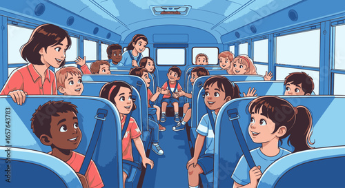 A cheerful group of diverse elementary school children and their teacher riding on a blue school bus.