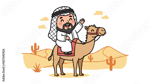 Smiling Arabian man riding a camel across a desert landscape with cacti