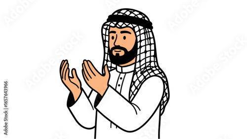 Illustration of a devout Muslim man in traditional Arab attire making a dua prayer
