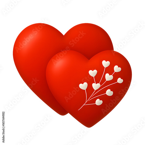 Hearts Graphic Shows Overlapping Red Heart Icons with a Small Bouquet of White Flowers and Two Hearts, Romantic Love Symbol for Valentine's Day Design