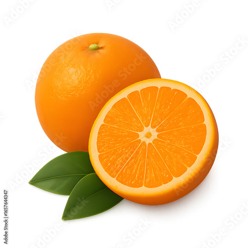 Orange Fruit with a Cut-Open Orange Segment and Green Leaves, Fresh Citrus Texture on a Clean transparent background for Healthy Food and Juice