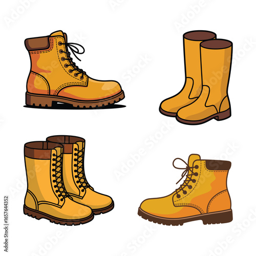 Vector art of collection of four yellow work boots, autumn vector clipart