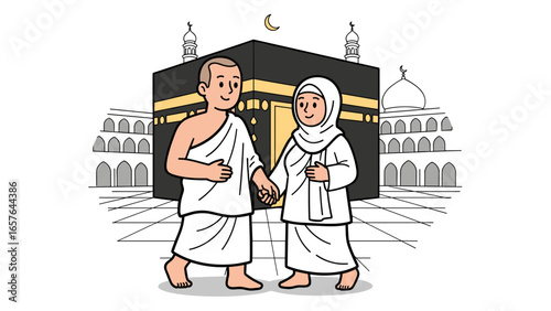 Illustration of a Muslim couple in Ihram clothing performing the Hajj pilgrimage in Mecca