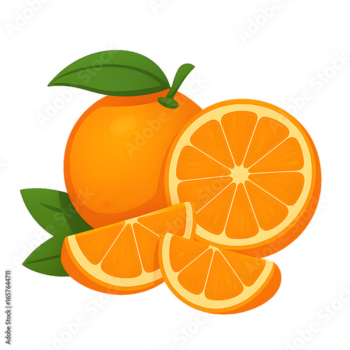 Orange with Slices and Leaves in a Vibrant and Fresh Illustration Style