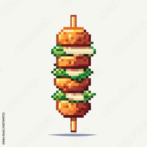 Pixelated illustration of a stacked skewer featuring breaded food items and garnishes.