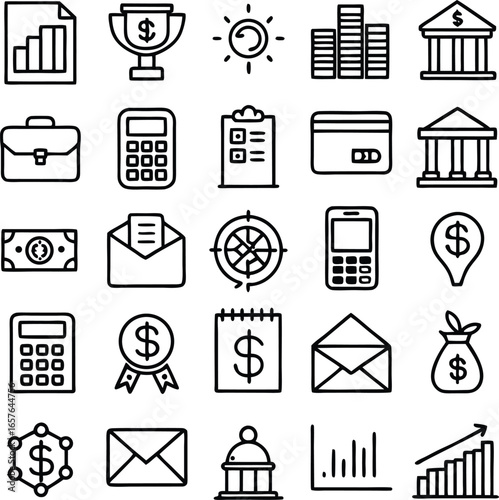 Collection of hand drawn financial and business icons representing growth money and banking services