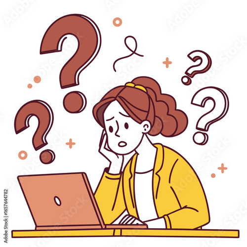Confused woman with question marks and laptop thinking