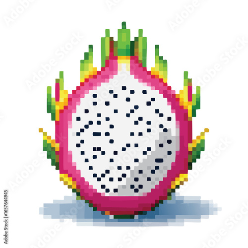 Pixelated illustration of a vibrant dragon fruit, showcasing its pink exterior and speckled interior.
