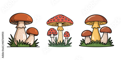 Vector art of three distinct cartoon style mushrooms growing in grass, autumn vector clipart