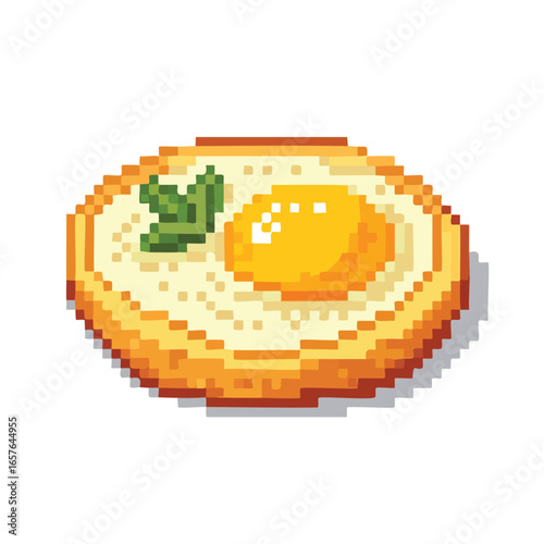 Pixelated illustration of a fried egg on toast, garnished with a sprig of parsley.