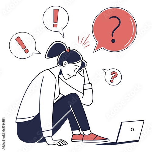 Frustrated woman with laptop surrounded by questions and exclamations frustration