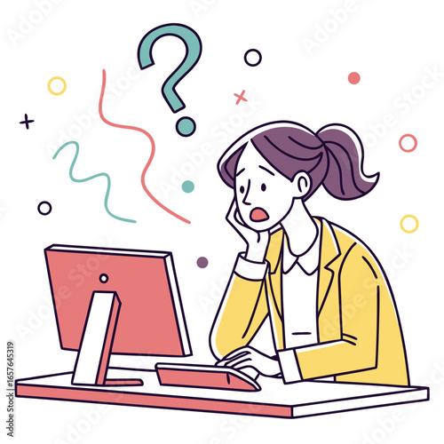 Woman perplexed by computer screen with question mark puzzled desk