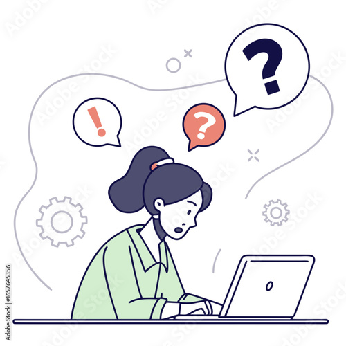 Woman researching online with question and exclamation symbols laptop question mark